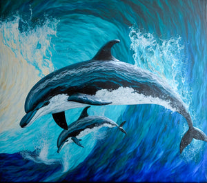 Tips on how to paint two dolphins breaking through the surf