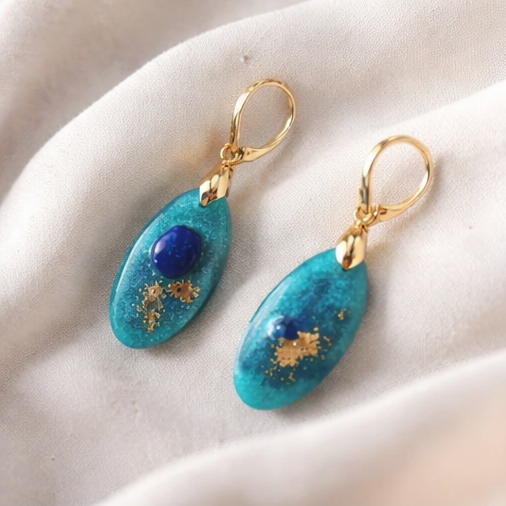 Teal Gold and Lapis Lazuli Teardrop Earrings
