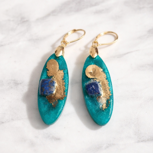 Teal Gold and Lapis Lazuli Teardrop Earrings