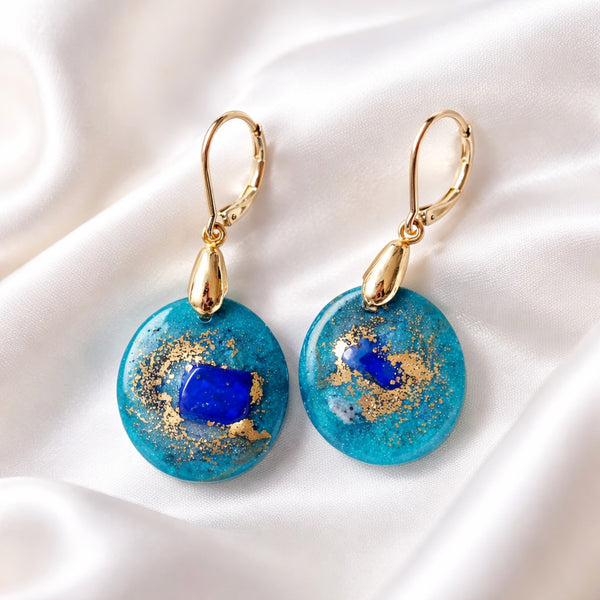 Teal Gold and Lapis Lazuli Earrings