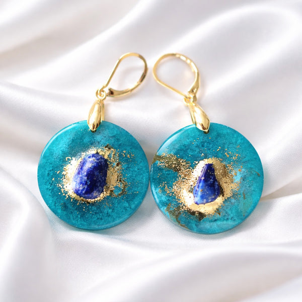 Teal Gold and Lapis Lazuli Earrings