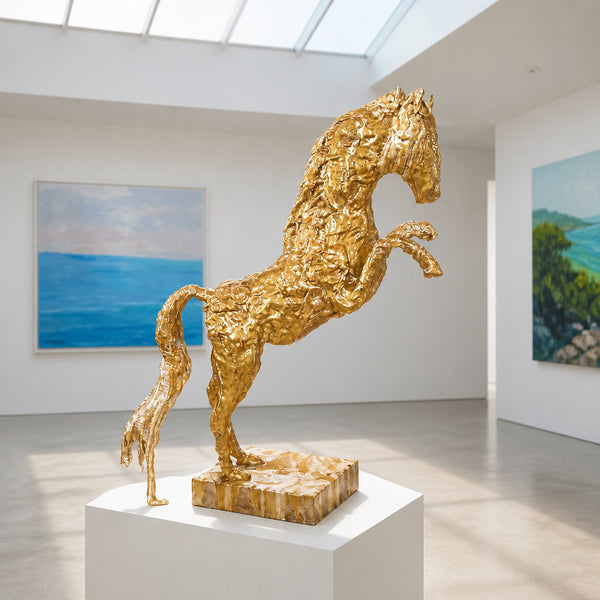 Gallery mock-up showing The Queen of Sheba by Stephanie Fuller at an enlarged scale, with a gold-coloured finish on a white plinth.