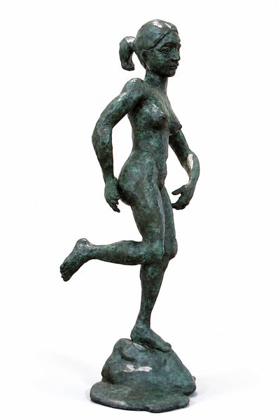 A bronze sculpture of a nude female figure in a running pose, standing on a rock base, shown against a plain white background.
