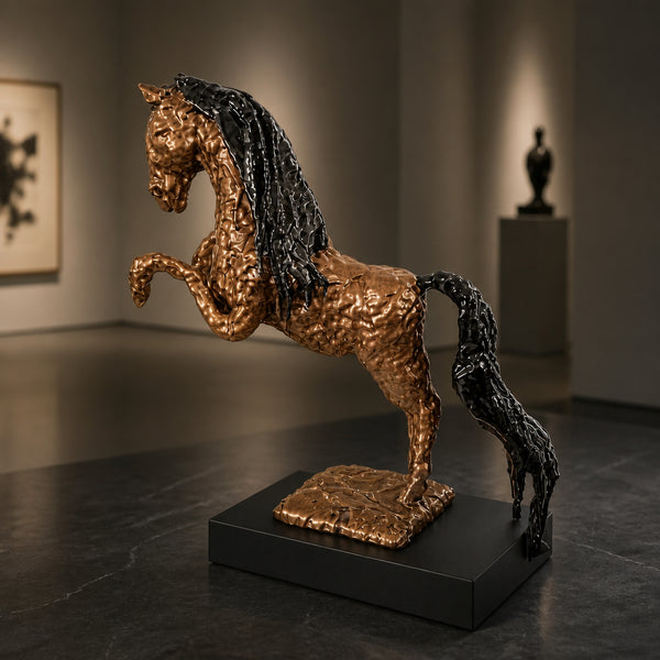 Gallery mock-up showing The Queen of Sheba by Stephanie Fuller at an enlarged scale, with a copper-coloured body and black mane and tail.