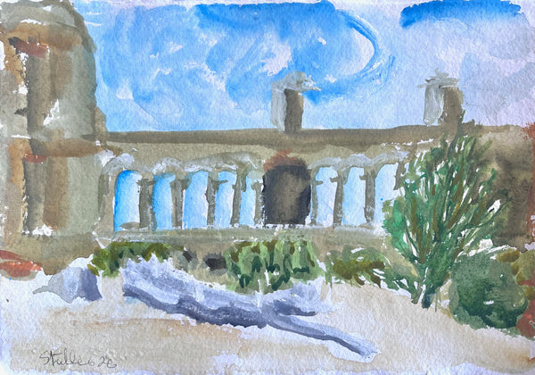 Watercolour and acrylic study by Stephanie Fuller of Alexander Palace’s arches beneath a blue sky, with a fallen log and green foliage in the foreground.