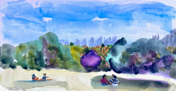 Watercolour by Stephanie Fuller showing seated people on a grassy slope, colourful trees and the distant London skyline towards Docklands.