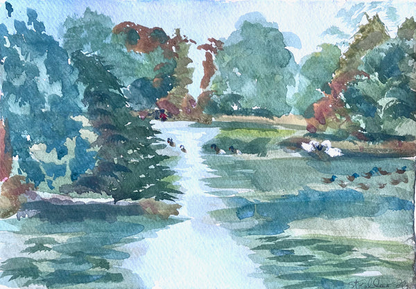 The Pond, Alexander Palace by Stephanie Fuller, showing wooded islands, waterbirds and blue-green reflections across still water.