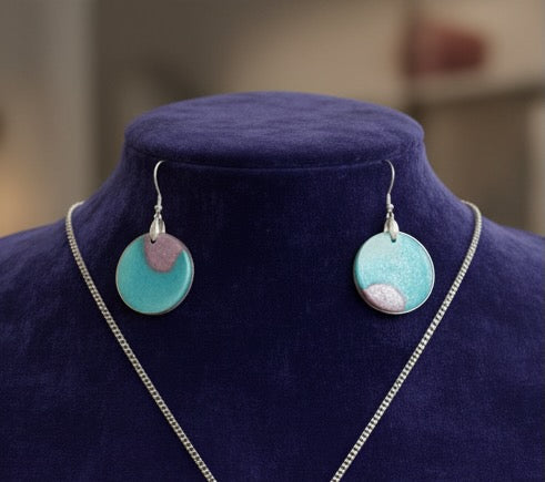 Teal and Mauve Circle Loop Earrings