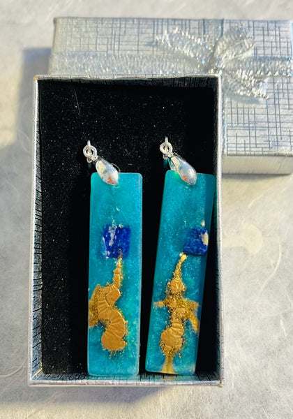 Teal Gold and Lapis Lazuli Rectangular Earrings