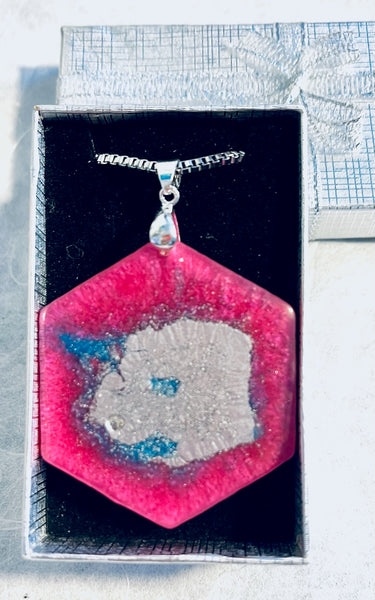 Pink & Green Aurora Pendant Hexagonal Pink and Silver