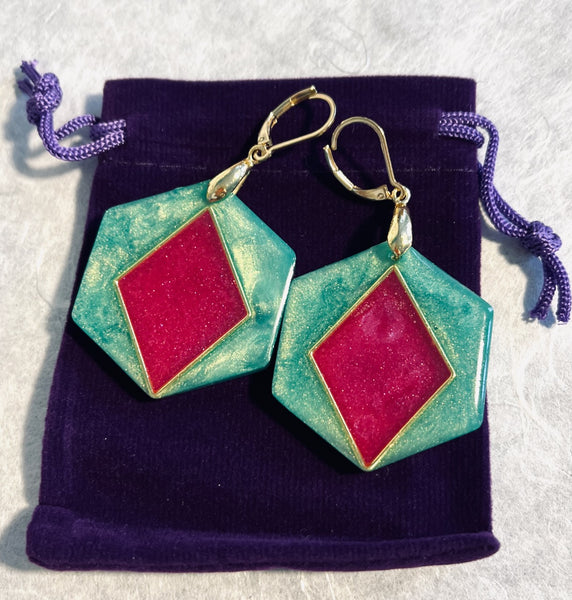 Pink & Green Aurora Earrings Hexagonal