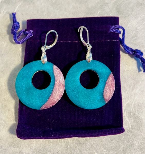 Teal and Mauve Circle Loop Earrings