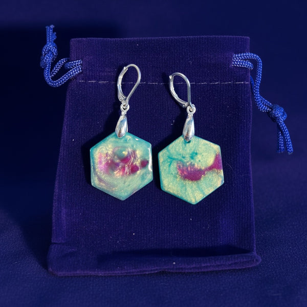 Pink & Green Aurora Earrings Hexagonal