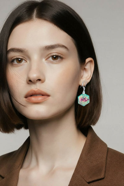 Pink & Green Aurora Earrings Hexagonal