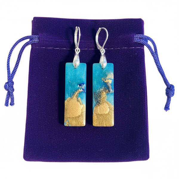 Teal Gold and Lapis Lazuli Rectangular Earrings