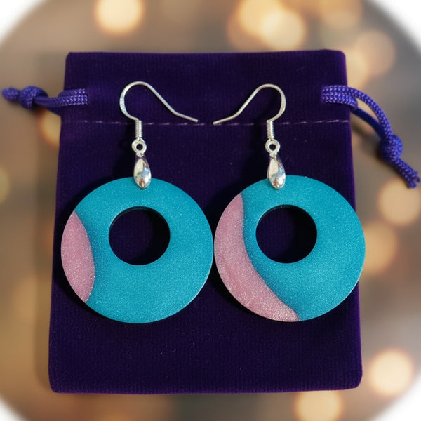 Teal and Mauve Circle Loop Earrings