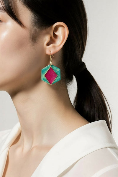 Pink & Green Aurora Earrings Hexagonal