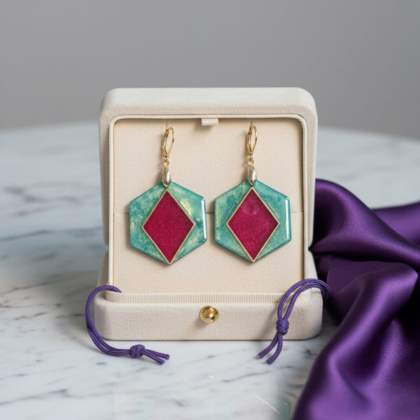 Pink & Green Aurora Earrings Hexagonal