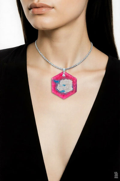 Pink & Green Aurora Pendant Hexagonal Pink and Silver