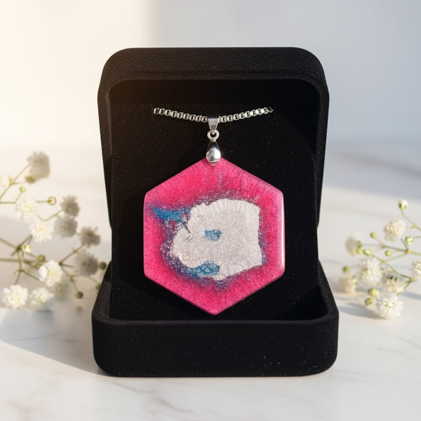 Pink & Green Aurora Pendant Hexagonal Pink and Silver