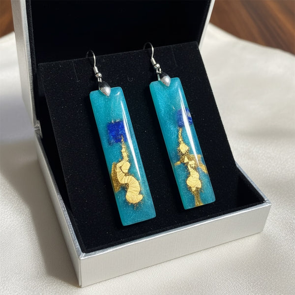 Teal Gold and Lapis Lazuli Rectangular Earrings
