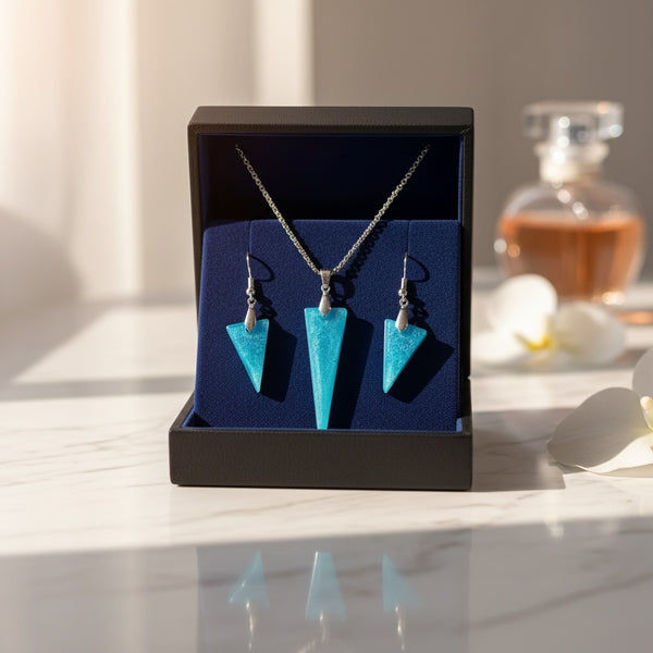 Azure Tide Triangle Pendant and Chain with Medium Earrings