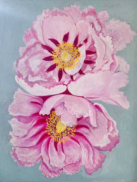 Peonies by Stephanie Fuller, oil on canvas depicting two pale pink blooms with deep magenta markings and yellow centres against a blue-grey background.