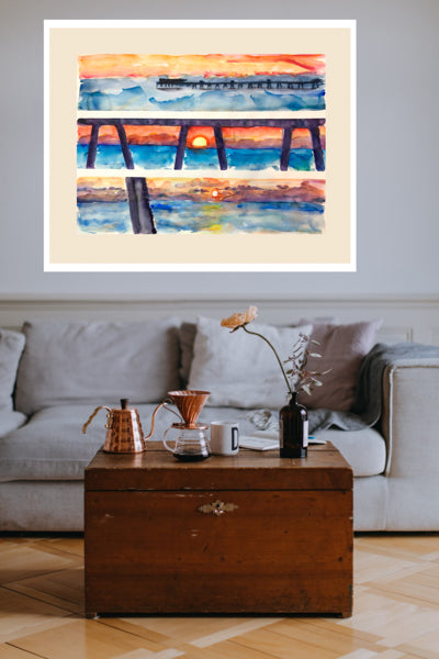 Red Sunrise Deal Pier Painting by Watercolour Artist Stephanie Fuller