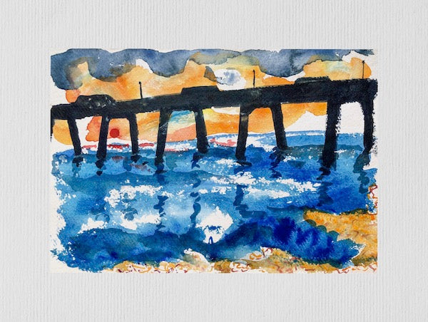 Red Sunrise Under Deal Pier Kent Paintings by Stephanie Fuller Artist