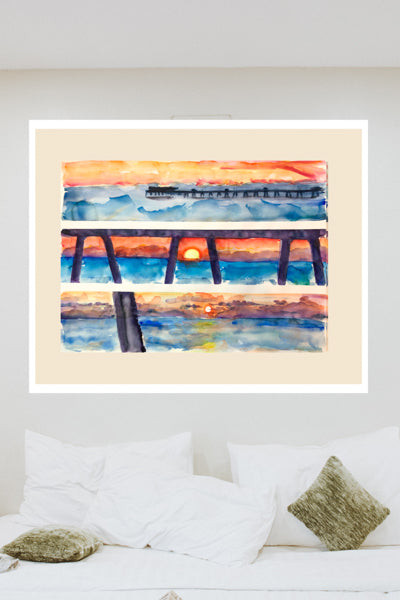 Red Sunrise Deal Pier Painting by Watercolour Artist Stephanie Fuller