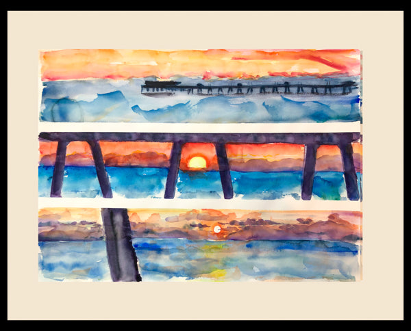 Red Sunrise Deal Pier Painting by Watercolour Artist Stephanie Fuller