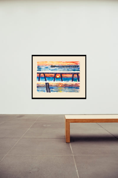 Red Sunrise Deal Pier Painting by Watercolour Artist Stephanie Fuller