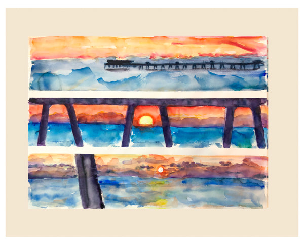 Red Sunrise Deal Pier Painting by Watercolour Artist Stephanie Fuller