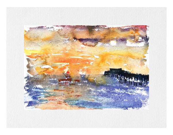 Red Sunrise Deal Pier Kent Paintings by Stephanie Fuller Artist
