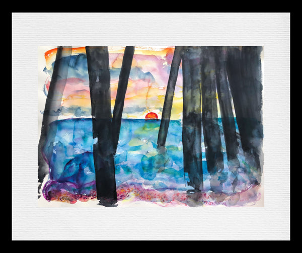 Red Sunrise Deal Pier Painting by Stephanie Fuller Artist