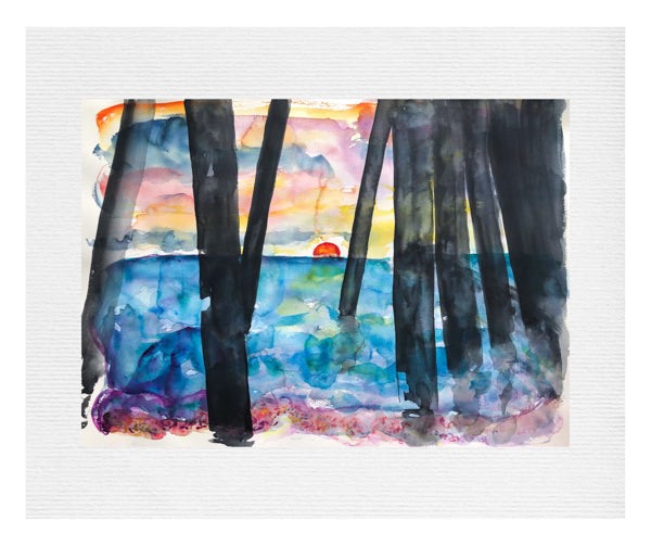 Red Sunrise Deal Pier Painting by Stephanie Fuller Artist