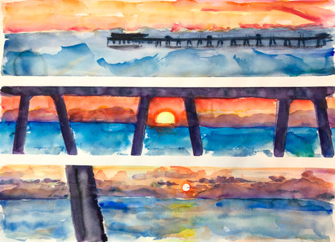 Red Sunrise Deal Pier Painting by Watercolour Artist Stephanie Fuller