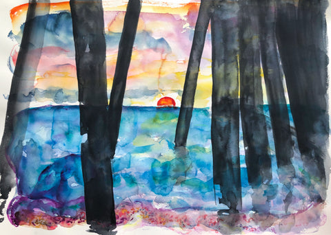 Red Sunrise Deal Pier Painting by Stephanie Fuller Artist