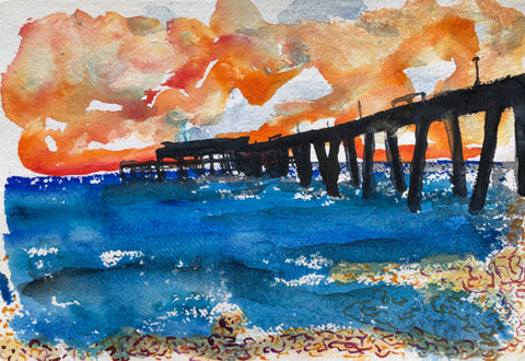 Red Sunrise Deal Pier Kent Paintings by Stephanie Fuller Artist