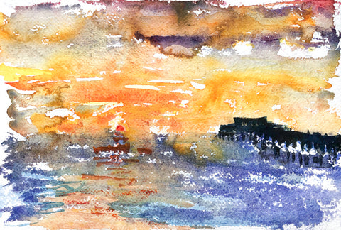 Red Sunrise Deal Pier Kent Paintings by Stephanie Fuller Artist