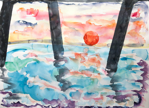 Red Sun Rising Under The Pier Painting by Stephanie Fuller Artist